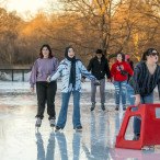 Ice skaters move on Steinberg Rink, with their legs reflecting off the ice.